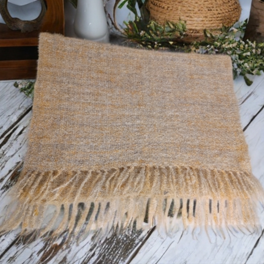 Earthy Natural Beige Hand Woven Mohair Wool Blend Fringe Wrap Shawl